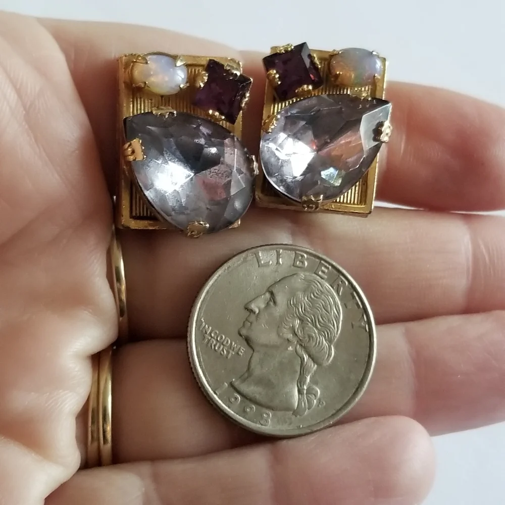 Vintage earrings rhinestone clip on faux opal gold tone rectangular chunky